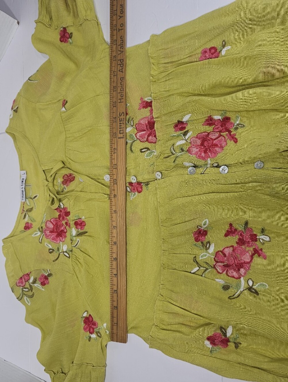 Floral Tie-Front Peasant Blouse in Chartreuse with Pink Embroidery Sz L Summer - Picture 4 of 10